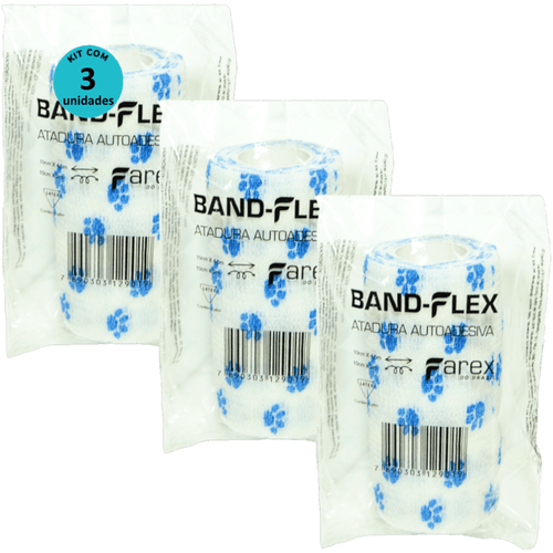 Atadura 10cm Branca Com Patinhas Band-Flex Autoadesiva Para Animais Farex Kit Com 3